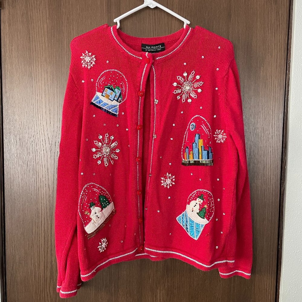 vintage red snowglobe christmas cardigan sweater with beading, great condition